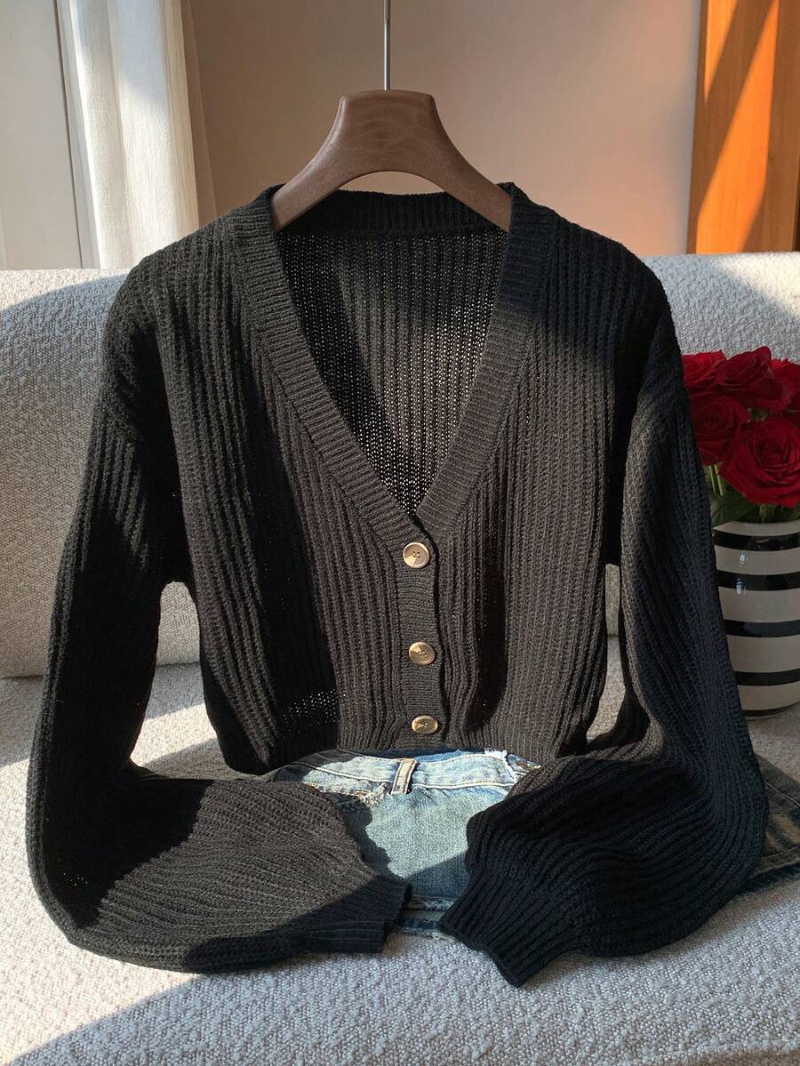 SHEIN EZwear 灯笼袖纽扣前罗纹针织开衫、长袖上衣、秋冬针织毛衣 - 黑色 - 查看 1