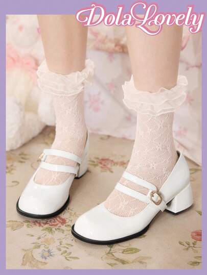 Dola Lovely Women's White Basic Mary Jane Shoes With Round Toe And Chunky Heel, Cute College Style, Suitable For Halloween, Christmas, Thanksgiving