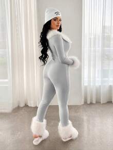 SHEIN SXY 女士仿毛皮拼接长袖连体衣，保暖 - 淺灰色 - 查看 2