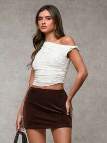 SHEIN BAE Váy nhung cạp thấp màu trơn tối giản dành cho nữ mùa thu/đông, quần đùi đen, thời trang đường phố, gợi cảm, thích hợp cho tiệc tùng, mùa đông. - Cà phê nâu - Xem 3