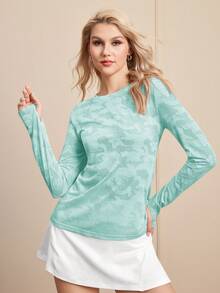 Easithlete 迷彩印花镂空裹身交叉后背运动长袖 T 恤 - 淺藍色 - 查看 4