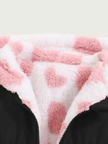 SHEIN 2 قطعة/عبوة معطف طويل مزين بالقلوب للفتيات الرضع، قابل للعكس، سميك من الفليس للخريف/الشتاء، ملابس خارجية دافئة - الأسود - مشاهدة 8