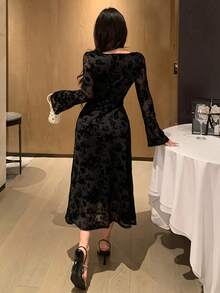 DAZY Vestido midi de manga larga, cuello redondo, texturizado, de estilo coreano elegante para mujer - Negro - Ver 5