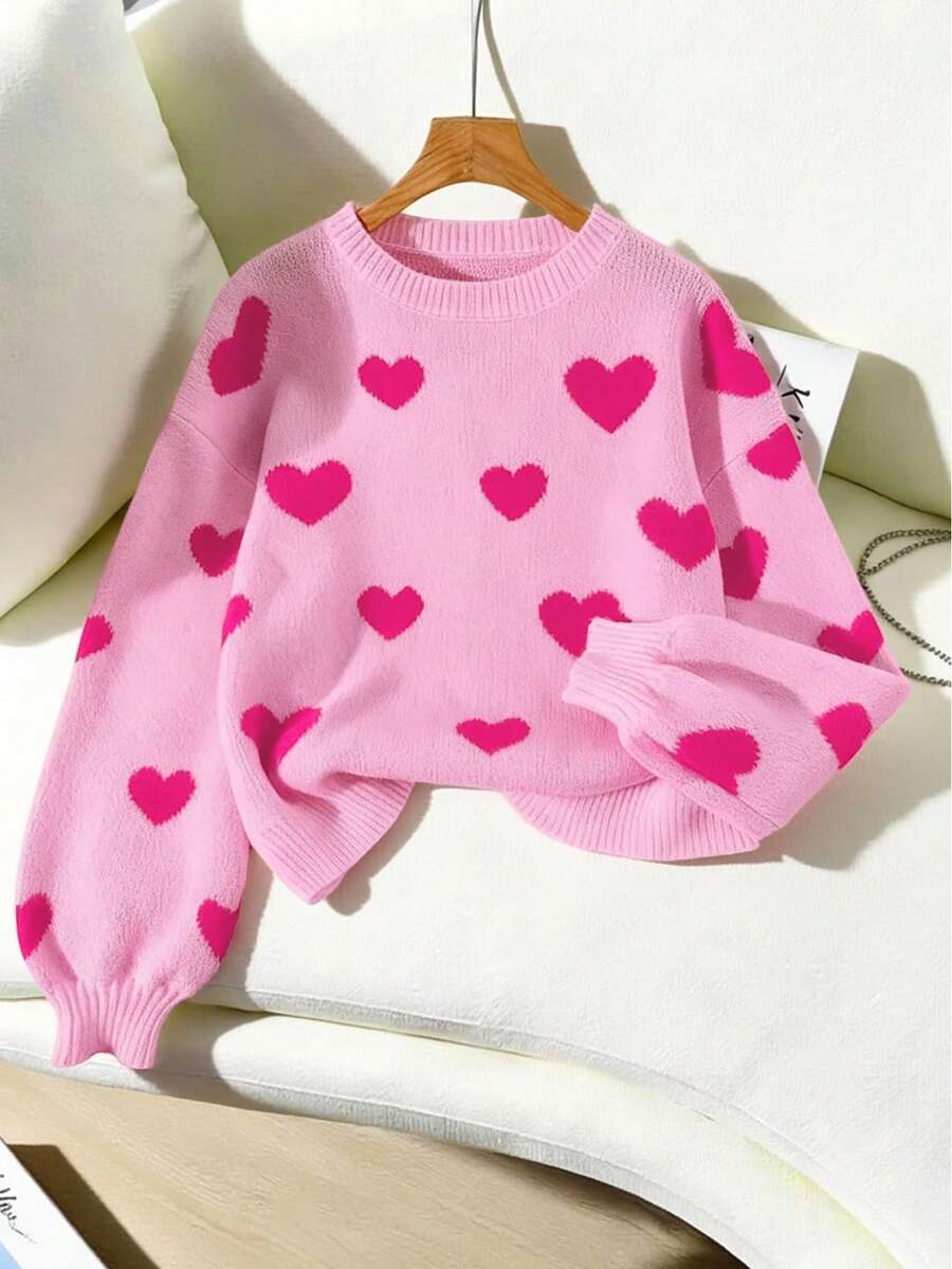 Franclia Heart Design Dropped Shoulder Casual Sweater, Autumn-Winter Knit Pullover Fall Outfit - Pink - View 1