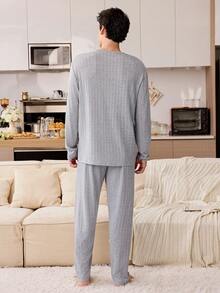 CoupledUp Men's Simple Heart Print Soft & Skin-Friendly Ribbed Loungewear Set, Winter Clothes - Grey - View 4