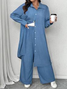SHEIN Elenzya Plus Size Pleated Textured Fabric Collared Long Sleeve Long Shirt And Loose Straight Leg Pants Casual Outfit, 2pcs Set - Blue - View 6