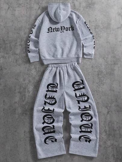 青少年男童两件套，街头风字母印花休闲连帽衫和直筒裤，适合秋冬季节、户外、日常穿着、派对等场合。