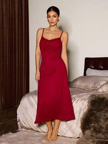 Slumberist Conjunto de pijama con camisola de encaje con contraste de escote pronunciado y bata de manga larga con lazo lateral, ropa de invierno - Burdeos - Ver 6