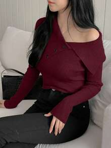 DAZY 女士优雅修身毛衣，秋冬款 - 酒紅色 - 查看 3