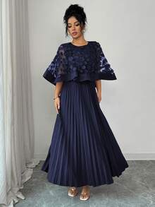 Elenzga Váy xếp ly họa tiết hoa thanh lịch dành cho nữ, thích hợp cho đám cưới, tiệc sinh nhật và các dịp khác, mùa thu - Màu xanh hải quân - Xem 4