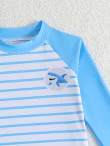 Baby Boy Long Sleeve Striped Shark Print Swimsuit Set Baby Boy Rash Guard Baby Boy Swimsuit Long Sleeve Baby Boy Swim Shirt Baby Boy Beach Wear, Beach Swimwear For Kids, Summer Vacation, Pool Party - Multicolor - View 5