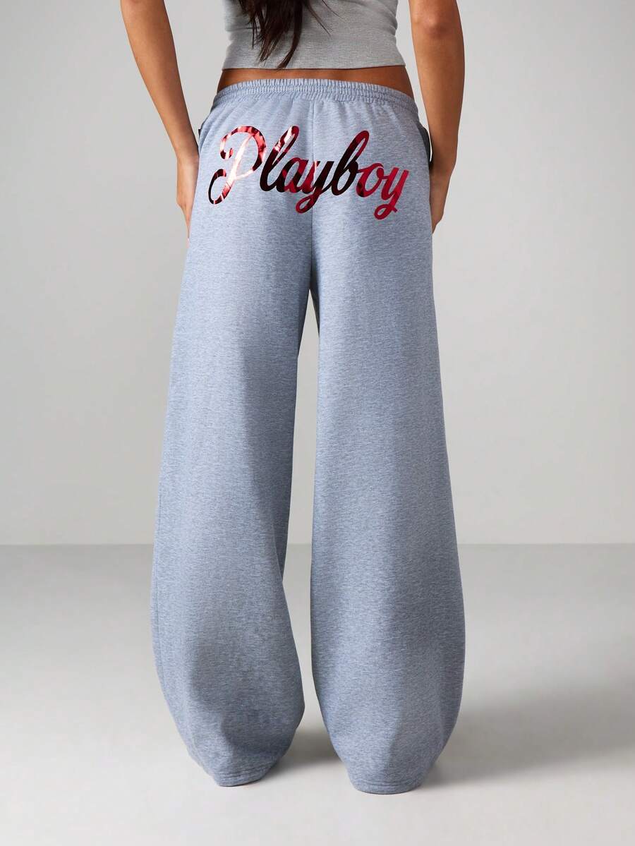 Missguided x Playboy Logo运动裤 慢跑裤 阔腿 松紧腰带 抽绳休闲家居裤 冬季舒适穿着 - 灰色 - 查看 1