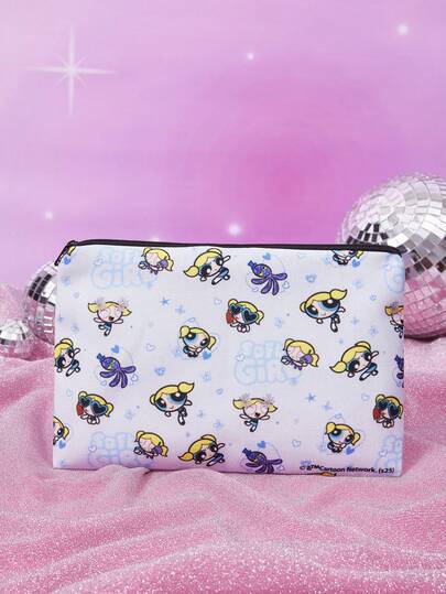 THE POWERPUFF GIRLS X SHEIN 1个蓝色卡通人物印花帆布包装收纳袋