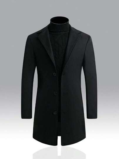 Manfinity Bizformal معطف خارجي للرجال بياقة لاصقة بدون كنزة صوفية، معطف خارجي أساسي سادة للخروج، للخريف والشتاء