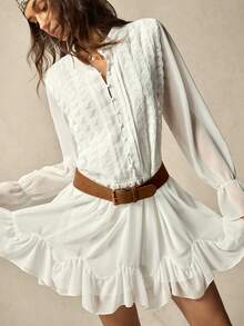 SoleilVie 女士撞色蕾丝纽扣半开襟喇叭袖时尚迷你连衣裙 - 白色 - 查看 6