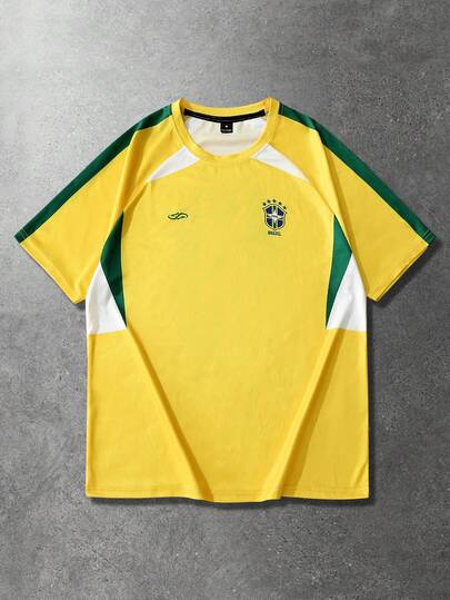 ROMWE MEN Prep Camiseta de manga corta con estampado de fútbol y bloques de color para hombre
