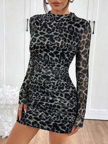 SHEIN EZwear 女士豹纹网纱迷你连衣裙 - 灰色 - 查看 3
