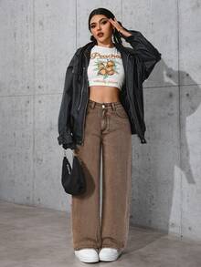 SHEIN PETITE Quần jeans ống rộng cạp cao có túi dành cho nữ, dáng rộng, dễ phối đồ - màu nâu - Xem 3