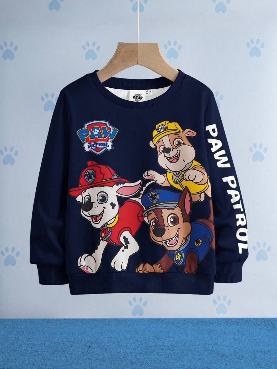 SHEIN | PAW Patrol Sudadera de punto de cuello redondo con estampado de perrito de dibujos animados lindo para niño pequeño, ropa deportiva casual para exteriores - Azul Marino - Ver 1