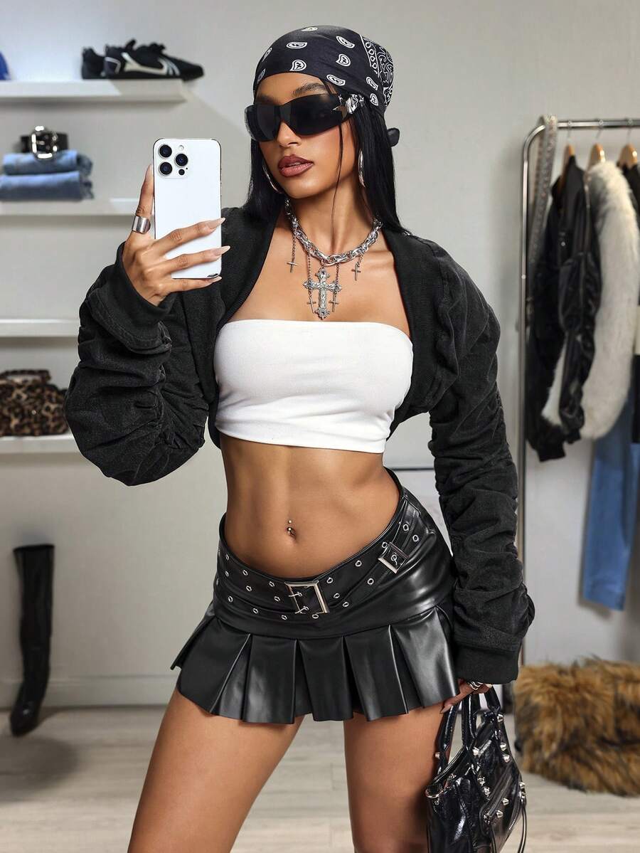 Jeanoix 女士休闲时尚褶裥开襟超短款牛仔夹克，春秋季 - 黑色 - 查看 1