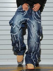 Manfinity EMRG Quần jean nam xanh rách vát viền phong cách đường phố thường ngày - Rửa tối - Xem 3
