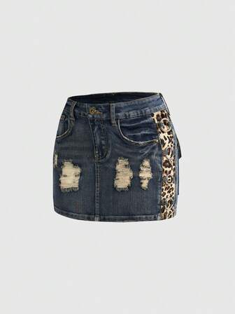 ROMWE Avant Minifalda de mezclilla vintage de cintura súper baja con estampado de leopardo, sexy y de cintura baja, estilo Harajuku Gyaru del milenio Y2K para mujeres