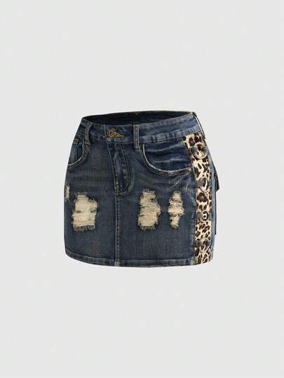 ROMWE Avant Y2K Harajuku Gyaru Millennium Sexy Taillentief Leoparden Muster Vintage Eng Taillentief Damen Jeans Mini Rock