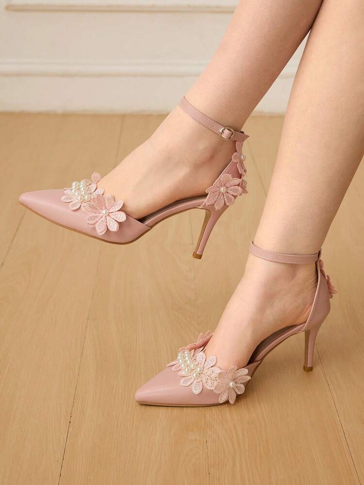 CUCCOO HITCHD Zapatos de tacón alto con punta fina para mujer, con decoración de perlas y flores 3D, tacones altos rosas para dama para boda y fiesta