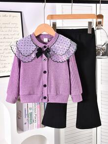 Elladie kids Autumn/Winter Young Girls Pink Lace Collar Bow Black Button Long Sleeve Top + Black Flare Pants Set, Sweet & Cute, Retro Fashion, Casual & Comfortable, Suitable For Daily Wear, Travel, School And More - Purple - View 7