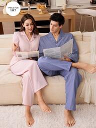 SHEIN 남성 캐주얼 스트라이프 프린트 라운지웨어 세트, 겨울옷