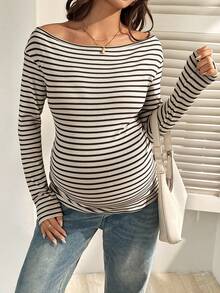 SHEIN 孕妇撞色条纹长袖休闲T恤 - 杏色 - 查看 5