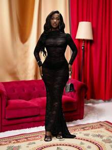 Slaydiva Elegante vestido negro de encaje de manga larga y espalda descubierta para fiesta, cumpleaños, bar, discoteca, cita o reunión con hermanas - Negro - Ver 5