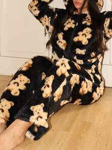 Lowkey Lull FamilyFrolics 毛绒熊耳装饰女士睡衣，亲子套装，2 件套柔软舒适女士睡衣，时尚秋季款 - 彩色 - 查看 5