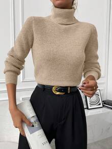 Almamuse Áo len nữ cổ cao, vai thường, tay dài, dáng rộng, thoải mái, kiểu dáng áo chui đầu, cổ lọ, tay phồng. - Màu Khaki - Xem 8