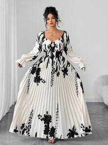 SHEIN Elenzya Plus Size Women's Fashion Positioning Print Rhinestone Collar Long Sleeve Dress - Multicolor - View 5