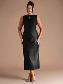 SHEIN BAE 女士无袖PU皮革紧身连衣裙 - 黑色 - 查看 7