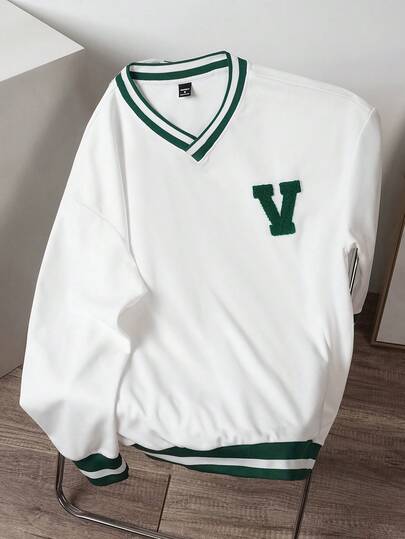 Manfinity Joysei Men's Casual Loose Fit V-Neck Sweatshirt Letter Flocking White Long Sleeve Academia Sweatshirt, For Friends, Husband, Boyfriend Gifts, For Fall