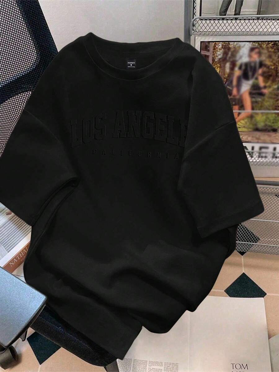Manfinity Joysei Men's Round Neck Letter Embossed Casual Everyday Commute Knit Short Sleeve T-Shirt - Black - View 1