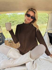EURMUSE Women Solid Color Mock Neck Raglan Sleeves Sweater - Brown - View 3