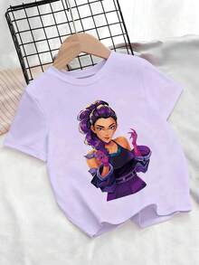 1pc Young Girl Cute Kpop Girl Print Purple Short Sleeve Top, Loose Fit, Suitable For All Seasons: Spring, Summer, Autumn, Winter, Great Christmas Gift For Girls