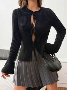 Women Bow Tie Front Rib Knit Sweater Long Sleeve Black Color Slim Fit - Black - View 5