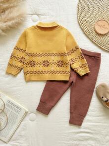 SHEIN Vintaside Kids Baby Boys Knit Sweater Set,Shawl Collar Pullover & Pants,Winter Snowflake Pattern,Brown And Yellow Polka Dot,Autumn,Modest,Matching Family,Toddler - Multicolor - View 2