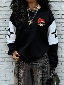 Rovax Phong cách bán chạy, Áo nỉ cổ tròn in họa tiết hoạt hình phong cách hip-hop đường phố sành điệu dành cho nữ, Thích hợp mặc khi mua sắm hàng ngày và mặc khi đến cửa hàng thời trang để check-in và hẹn hò, Phong cách thu đông thời trang và bắt mắt - Nhiều màu - Xem 2