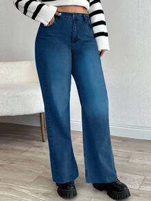 EURMUSE JEAN RECTO DE TALLA GRANDE CON DOBLADILLO DESHILACHADO DE TIRO ALTO - Azul - Ver 3