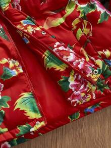 Manfinity Unisex 男士时尚中国风印花羽绒服，秋冬款 - 紅色 - 查看 5