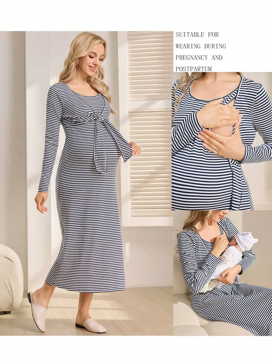 SHEIN 孕妇圆领落肩长袖条纹舒适连衣裙 - 藍白色 - 查看 1