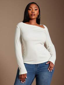 SHEIN SXY 大码女装秋冬新款纯色磨毛罗纹斜领褶裥长袖T恤，修身休闲上衣，适合秋季穿着 - 白色 - 查看 2
