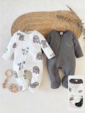 SHEIN 2pcs Baby Boys White & Gray Cute Elephant Print Crew Neck Long Sleeve Romper, Comfortable For Outings In Autumn/Winter, Versatile