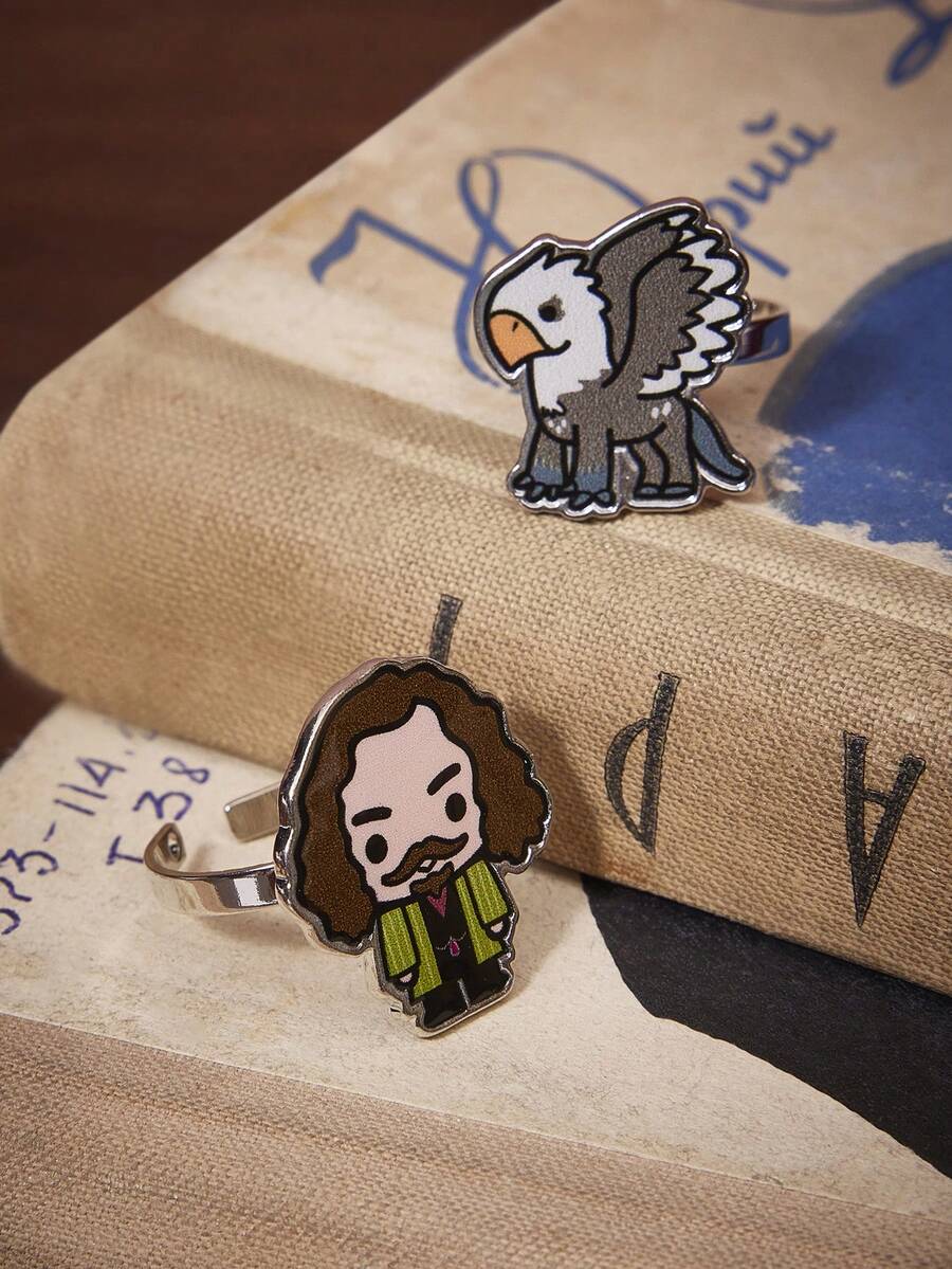 HARRY POTTER X SHEIN 锌合金可爱卡通元素图案开口戒指套装,奢华小摆件,适合各种派对、音乐会、节日等场合。 - 白金 - 查看 1