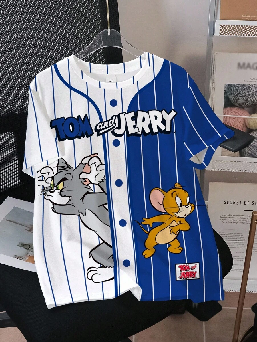 TOM & JERRY X SHEIN Tween Boy Summer Casual Colorblock Striped Cartoon Graphic Tee